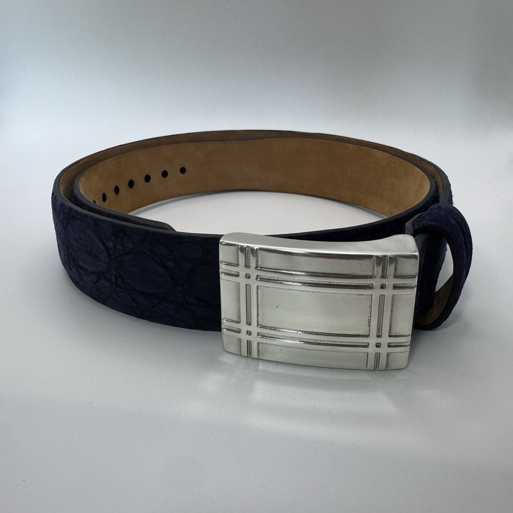 W Kleinberg Blue Crocodile Custom Leather Belt Belt Sz 35.5 NWOT Push Buckle Lux